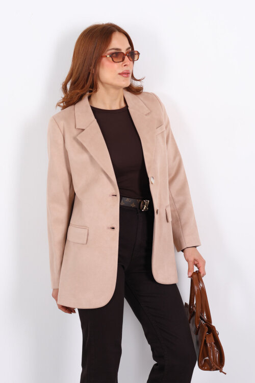 Düğmeli Süet Bej Kadın Blazer Ceket - Berox