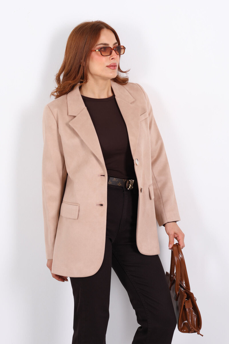Düğmeli Süet Bej Kadın Blazer Ceket - 1
