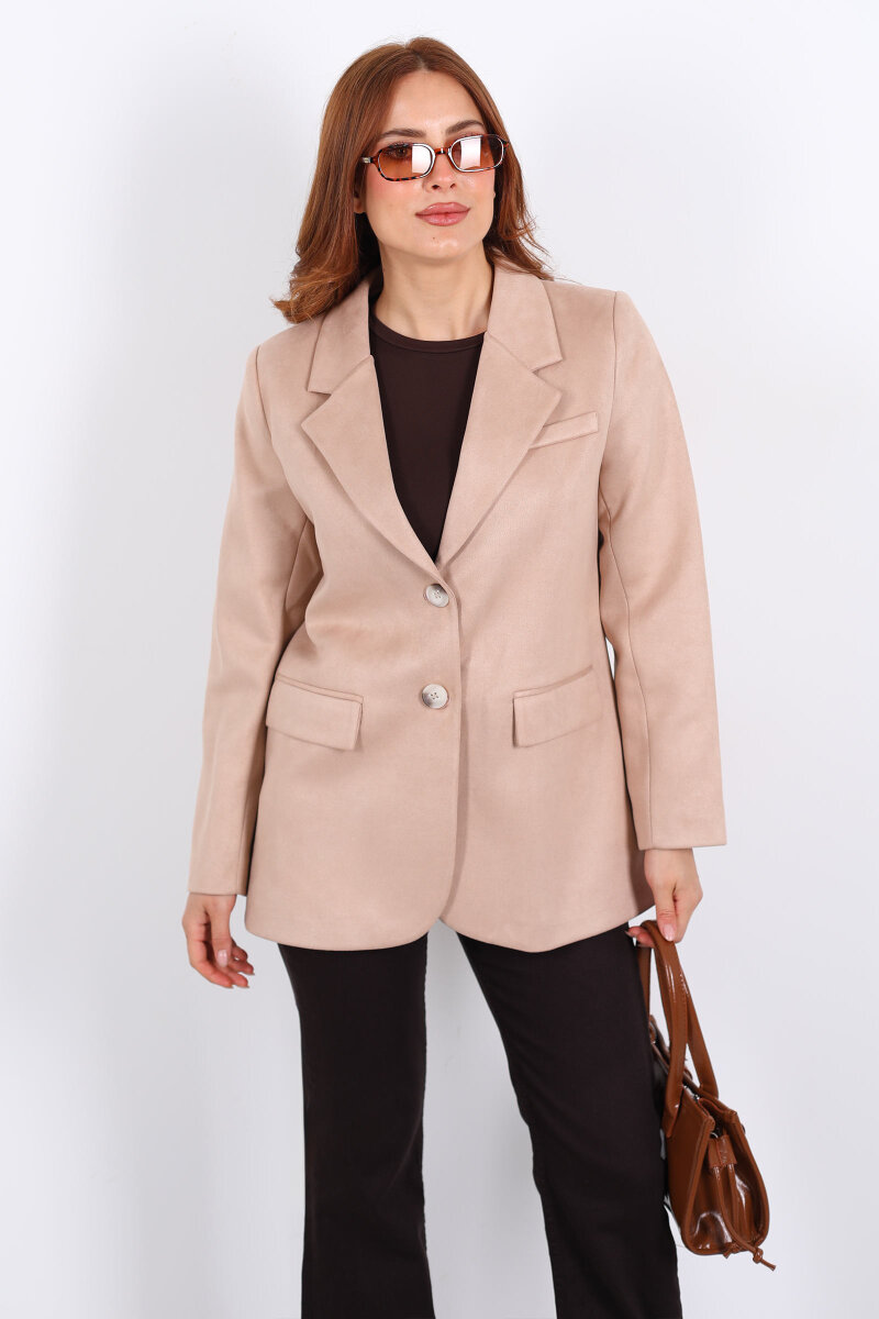 Düğmeli Süet Bej Kadın Blazer Ceket - 5