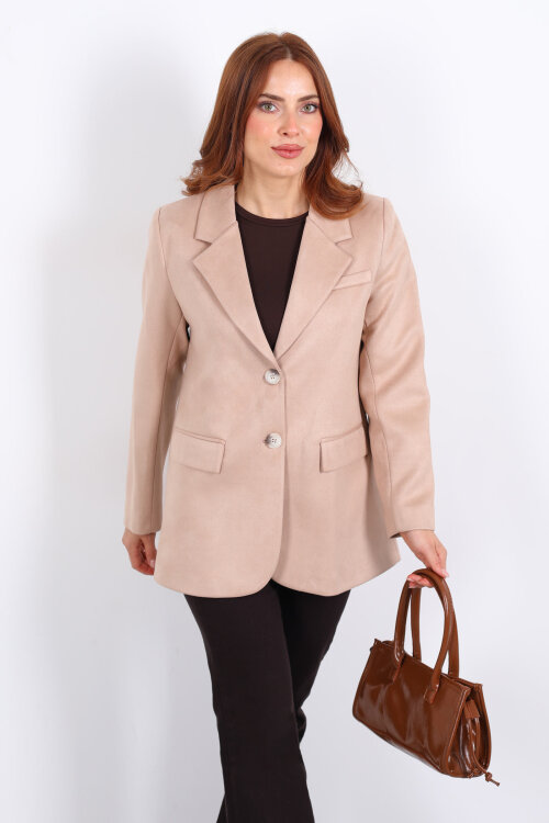 Düğmeli Süet Bej Kadın Blazer Ceket - 7