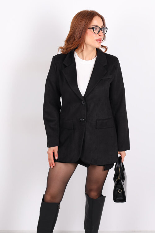 Düğmeli Süet Siyah Kadın Blazer Ceket - 3