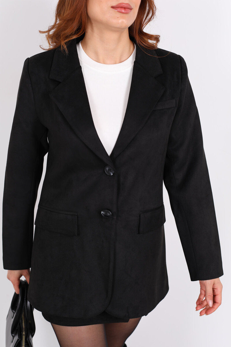Düğmeli Süet Siyah Kadın Blazer Ceket - 2