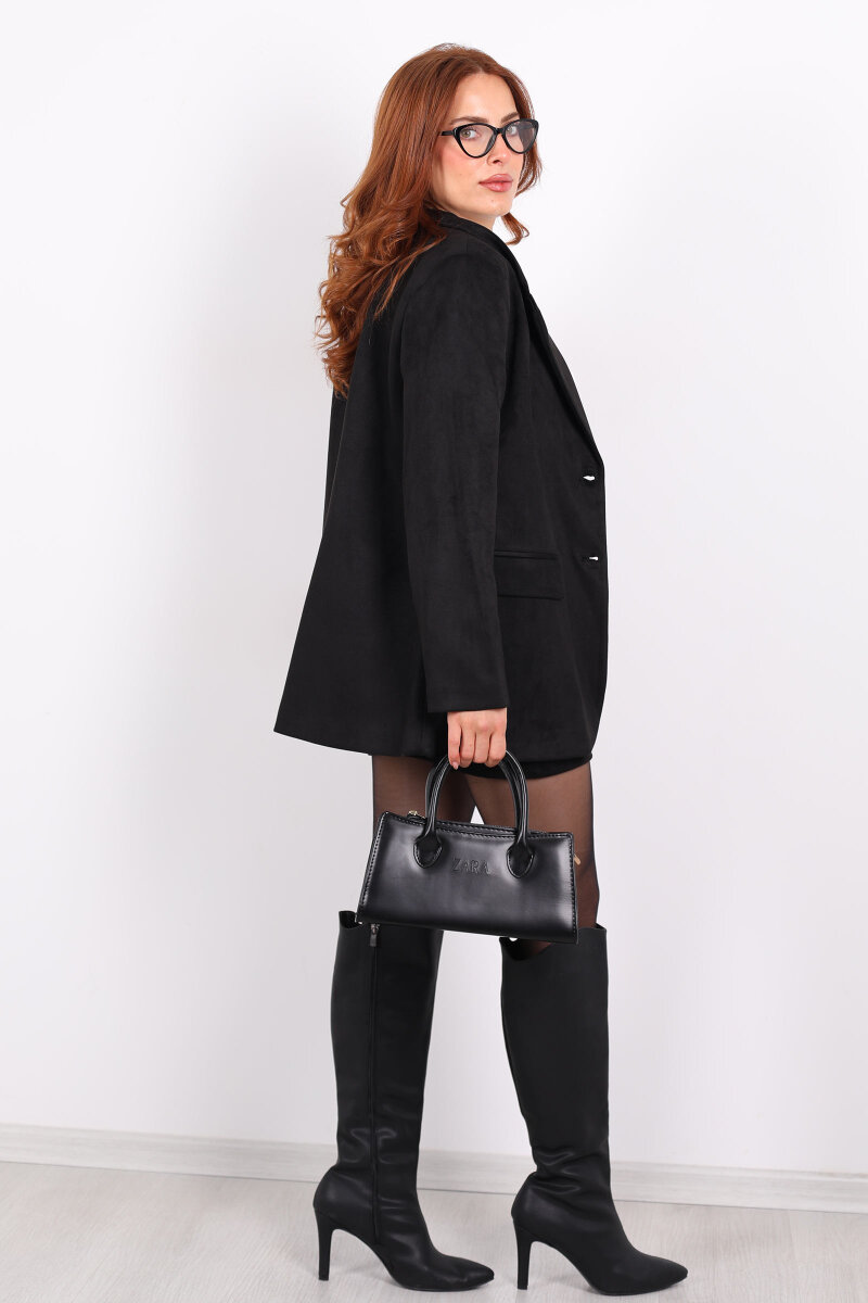 Düğmeli Süet Siyah Kadın Blazer Ceket - 5