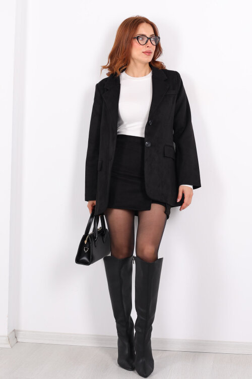 Düğmeli Süet Siyah Kadın Blazer Ceket - Berox