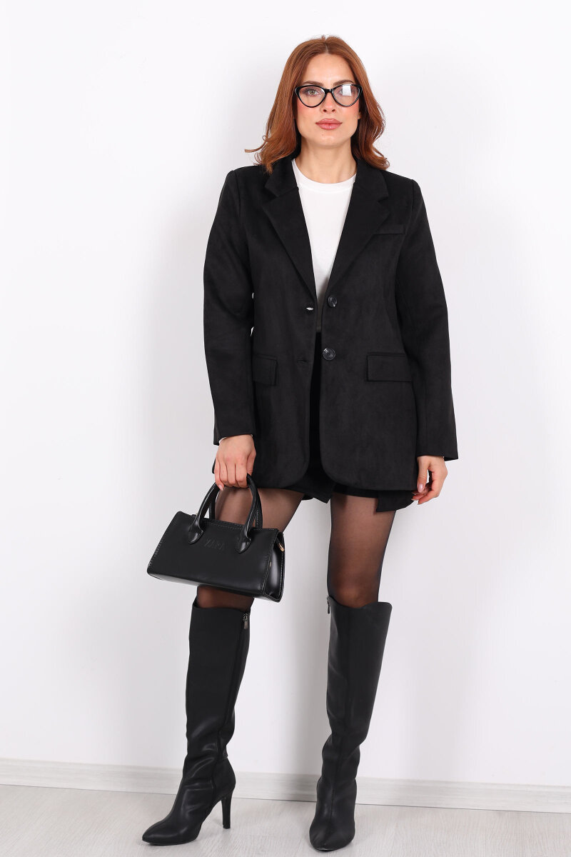 Düğmeli Süet Siyah Kadın Blazer Ceket - 4