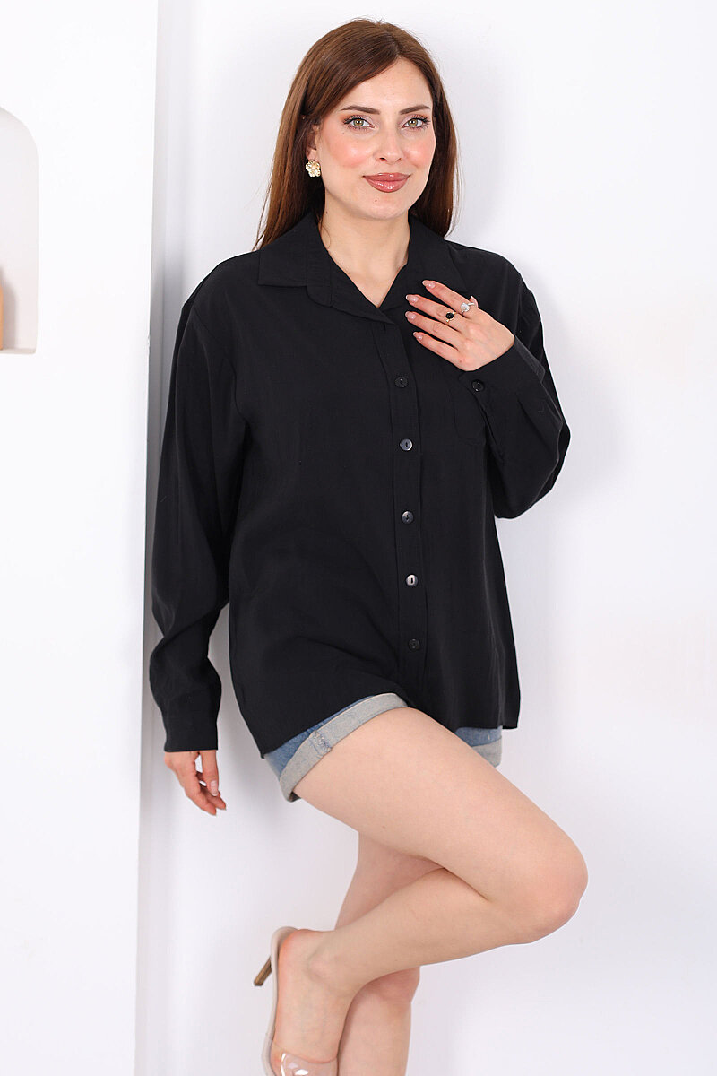 Düğmeli Tek Cepli Tensel Siyah Kadın Salaş Gömlek - 3