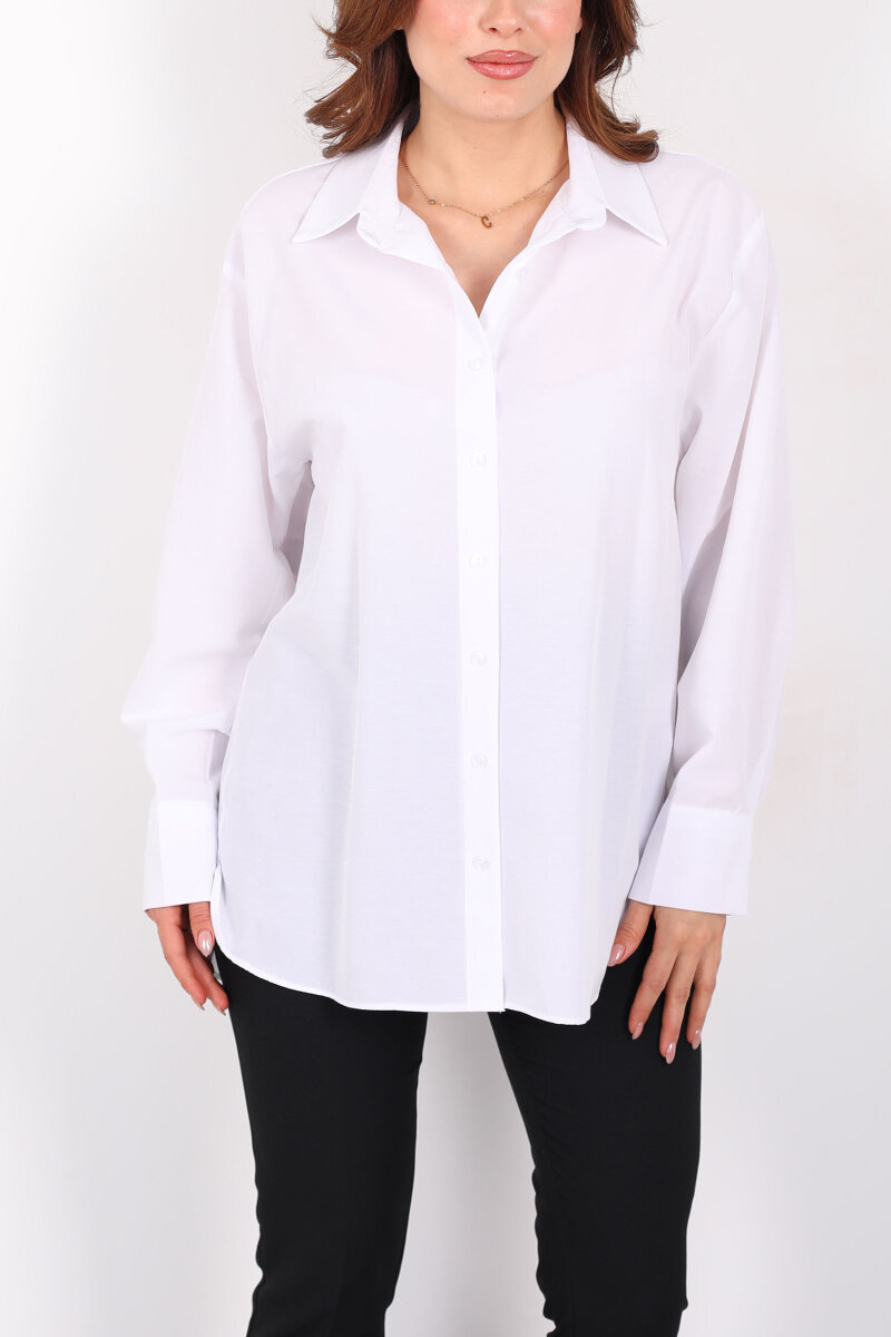 Düğmeli Uzun Kadın Linda Beyaz Gömlek - 2