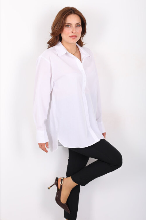 Düğmeli Uzun Kadın Linda Beyaz Gömlek - 3
