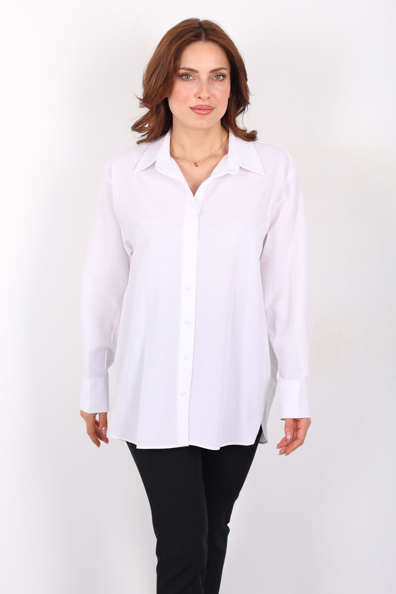 Düğmeli Uzun Kadın Linda Beyaz Gömlek - 6
