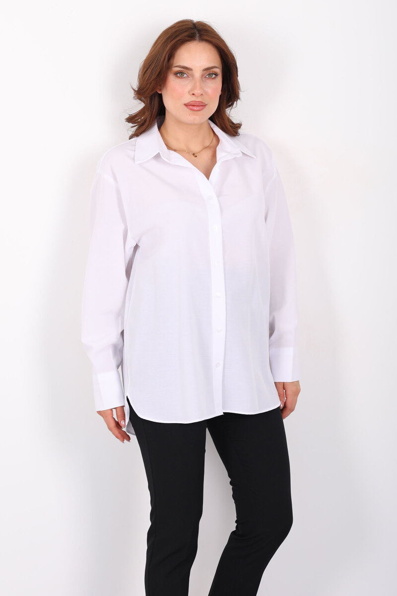 Düğmeli Uzun Kadın Linda Beyaz Gömlek - 4