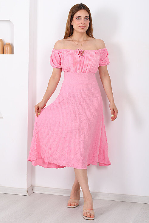 Düşük Omuz Bağcık Detaylı Pembe Kadın Midi Bubble Elbise - 6