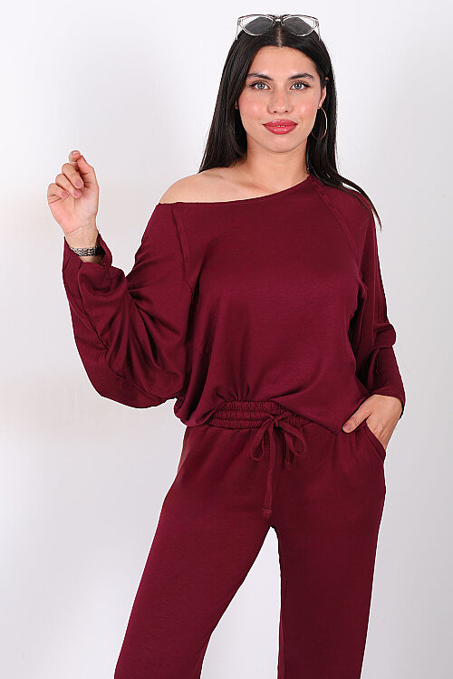 Düşük Omuz Bel Bağlamalı Oversize Bordo Kadın Modal Takım - Berox