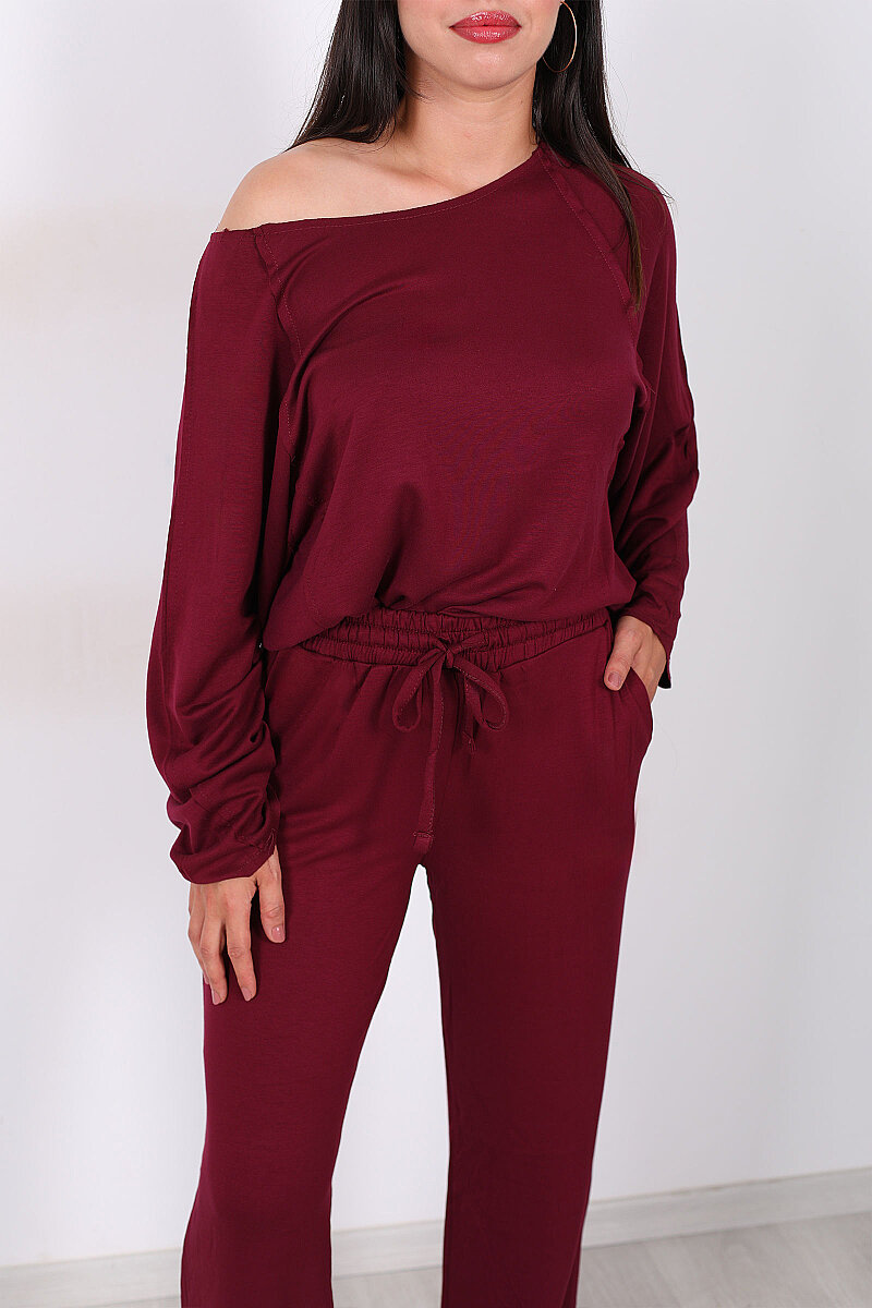 Düşük Omuz Bel Bağlamalı Oversize Bordo Kadın Modal Takım - 2