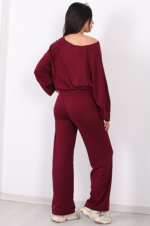 Düşük Omuz Bel Bağlamalı Oversize Bordo Kadın Modal Takım - 5