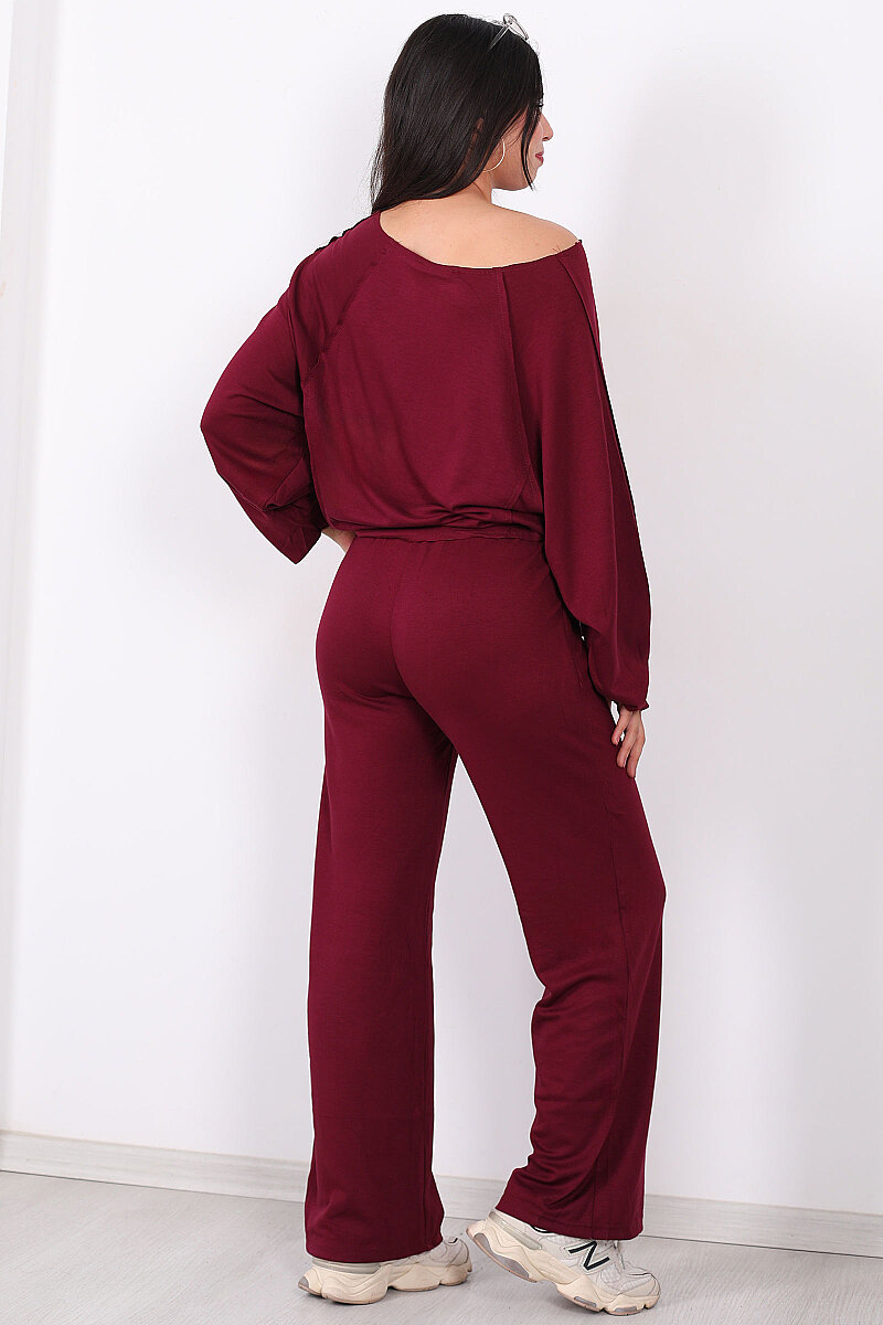 Düşük Omuz Bel Bağlamalı Oversize Bordo Kadın Modal Takım - 5