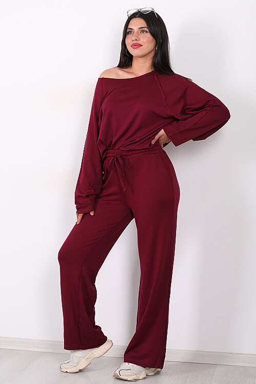 Düşük Omuz Bel Bağlamalı Oversize Bordo Kadın Modal Takım - 3