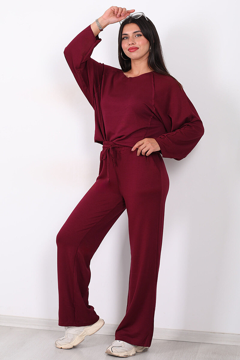 Düşük Omuz Bel Bağlamalı Oversize Bordo Kadın Modal Takım - 6