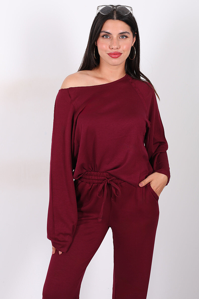 Düşük Omuz Bel Bağlamalı Oversize Bordo Kadın Modal Takım - 4