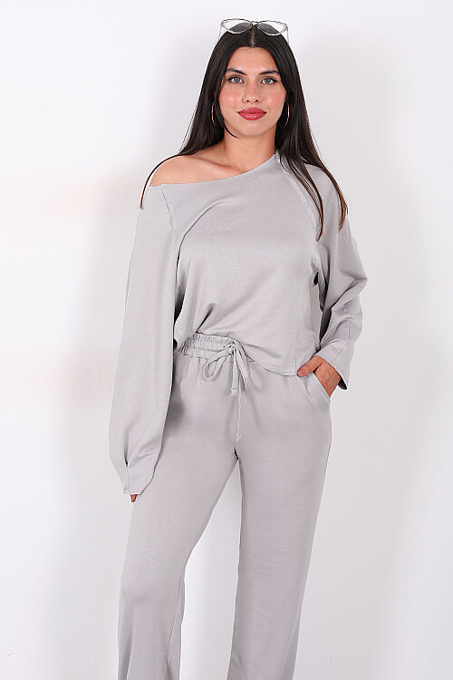 Düşük Omuz Bel Bağlamalı Oversize Gri Kadın Modal Takım - 4