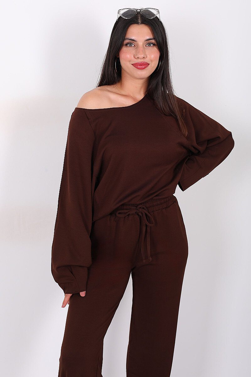 Düşük Omuz Bel Bağlamalı Oversize Kahverengi Kadın Modal Takım - 4