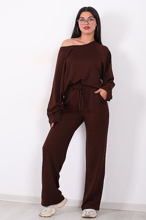 Düşük Omuz Bel Bağlamalı Oversize Kahverengi Kadın Modal Takım - 3