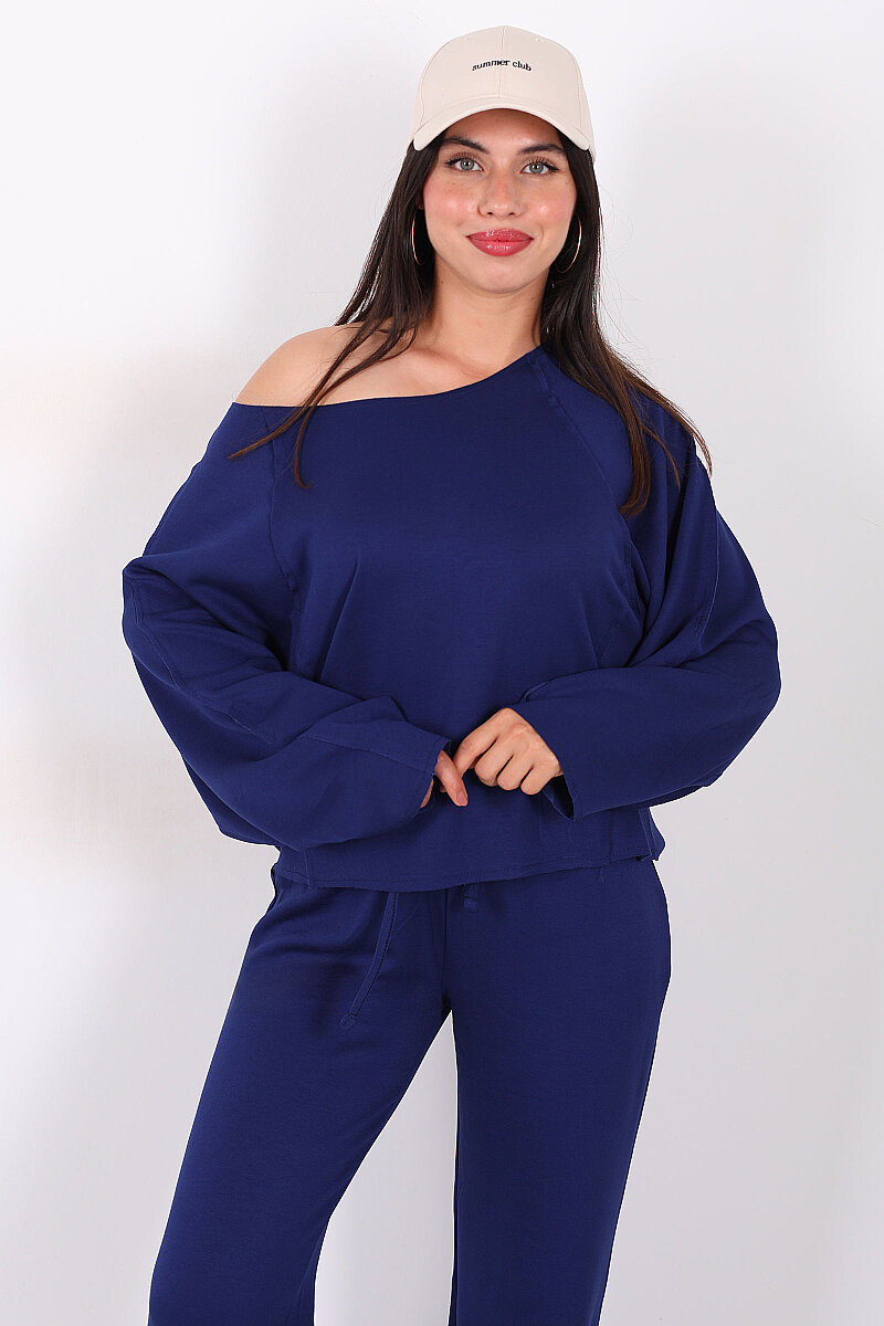 Düşük Omuz Bel Bağlamalı Oversize Lacivert Kadın Modal Takım - 6