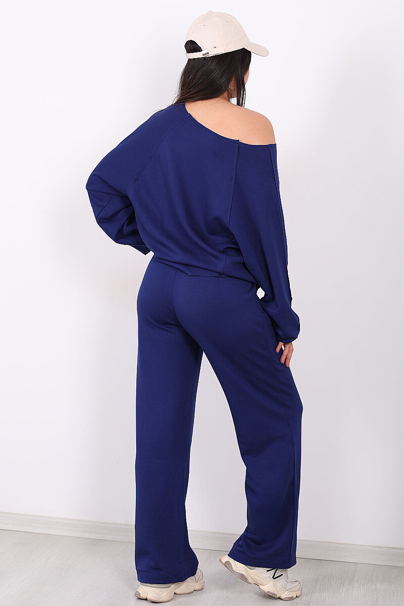 Düşük Omuz Bel Bağlamalı Oversize Lacivert Kadın Modal Takım - 5
