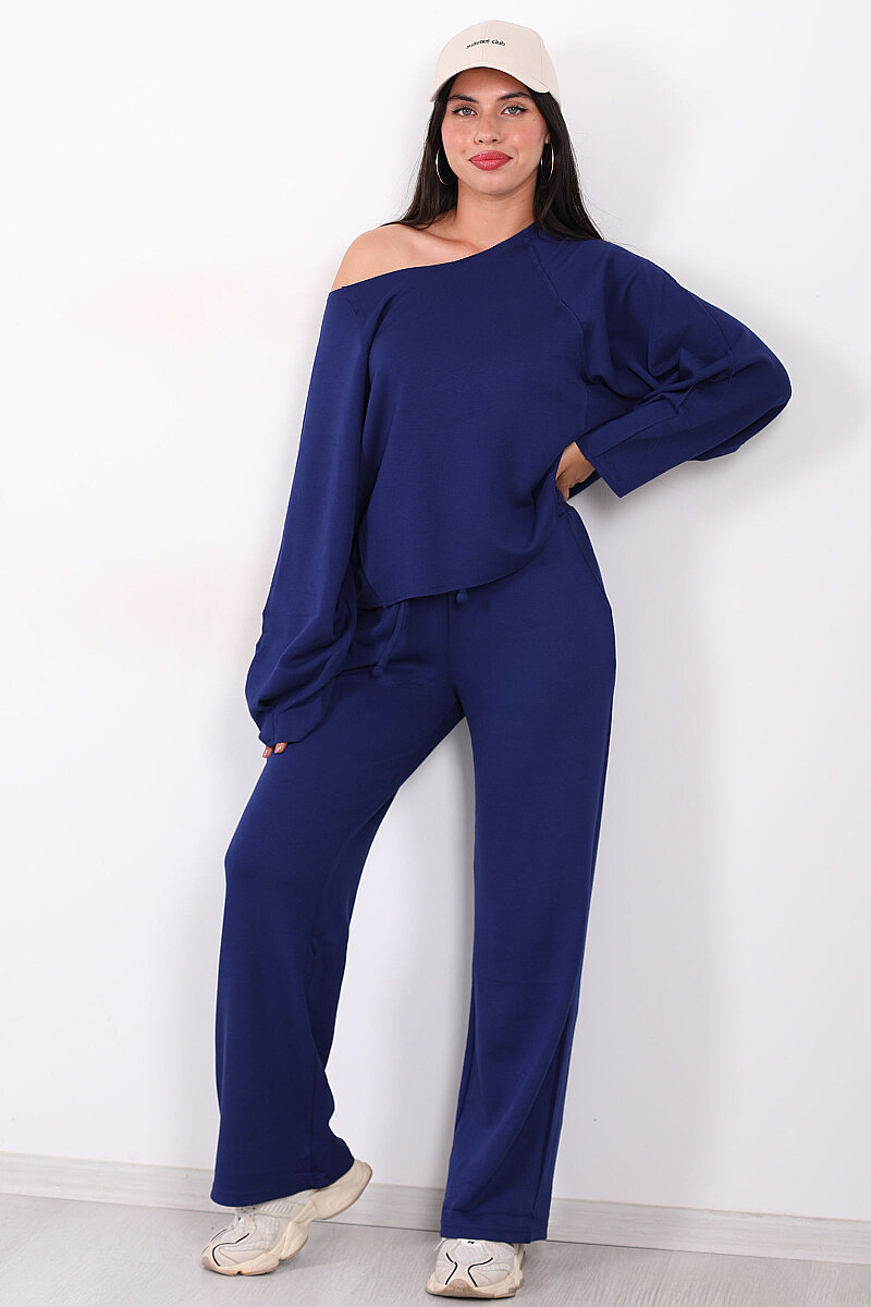 Düşük Omuz Bel Bağlamalı Oversize Lacivert Kadın Modal Takım - 3