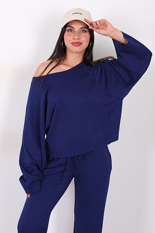 Düşük Omuz Bel Bağlamalı Oversize Lacivert Kadın Modal Takım - 4