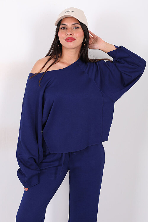 Düşük Omuz Bel Bağlamalı Oversize Lacivert Kadın Modal Takım - Berox