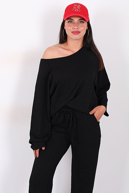 Düşük Omuz Bel Bağlamalı Oversize Siyah Kadın Modal Takım - 6