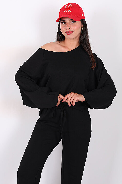 Düşük Omuz Bel Bağlamalı Oversize Siyah Kadın Modal Takım - 3