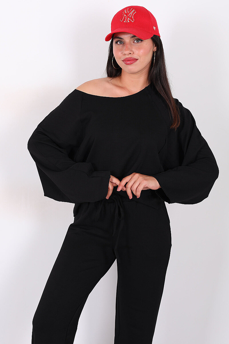 Düşük Omuz Bel Bağlamalı Oversize Siyah Kadın Modal Takım - 3