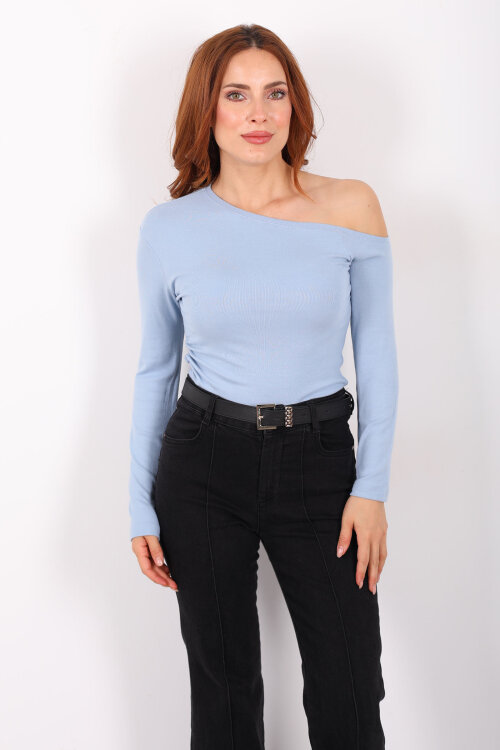 Düşük Omuz Drapeli Bebe Mavisi Kadın Bluz - 5