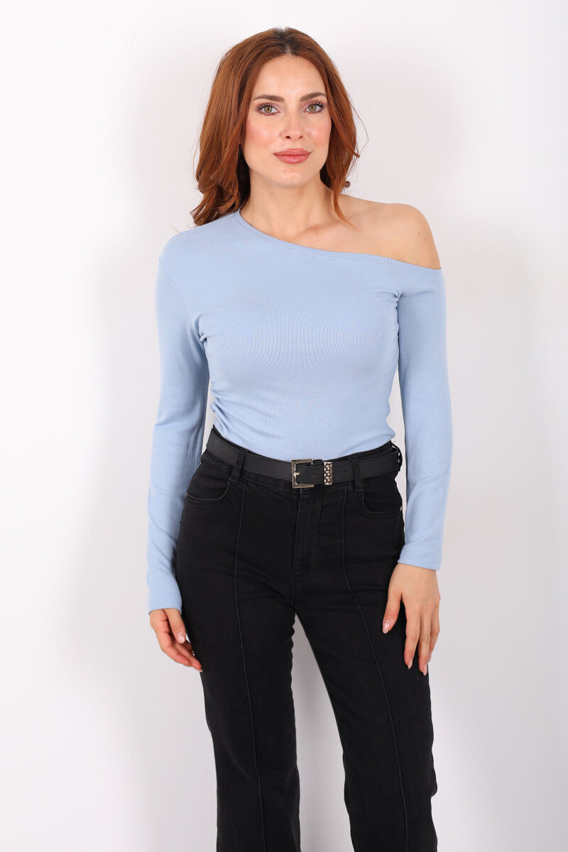 Düşük Omuz Drapeli Bebe Mavisi Kadın Bluz - 5