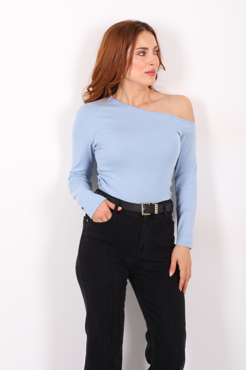 Düşük Omuz Drapeli Bebe Mavisi Kadın Bluz - 1