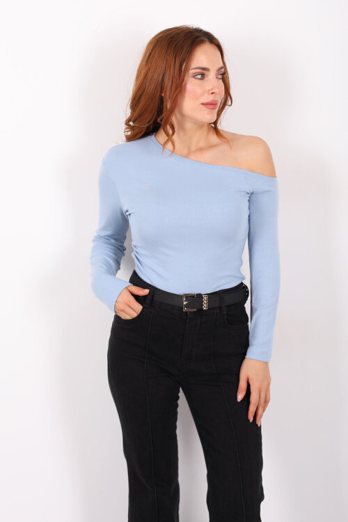 Düşük Omuz Drapeli Bebe Mavisi Kadın Bluz - 4