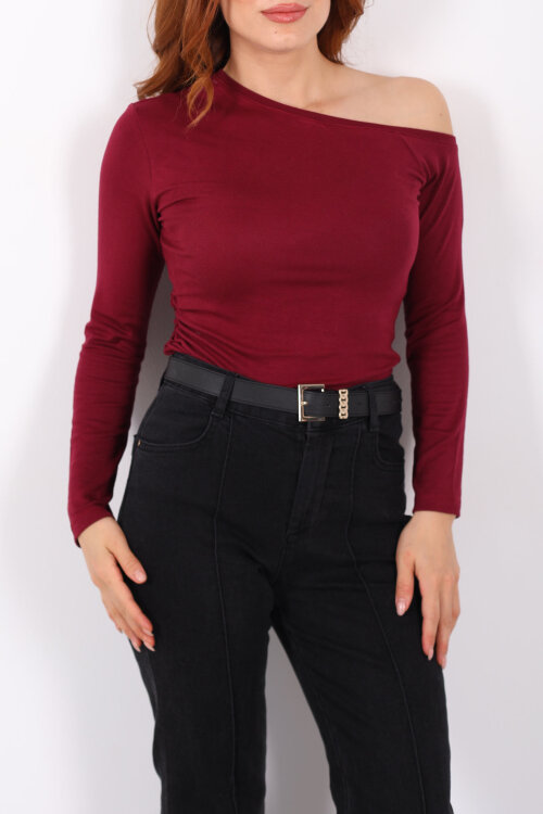 Düşük Omuz Drapeli Bordo Kadın Bluz - Berox (1)
