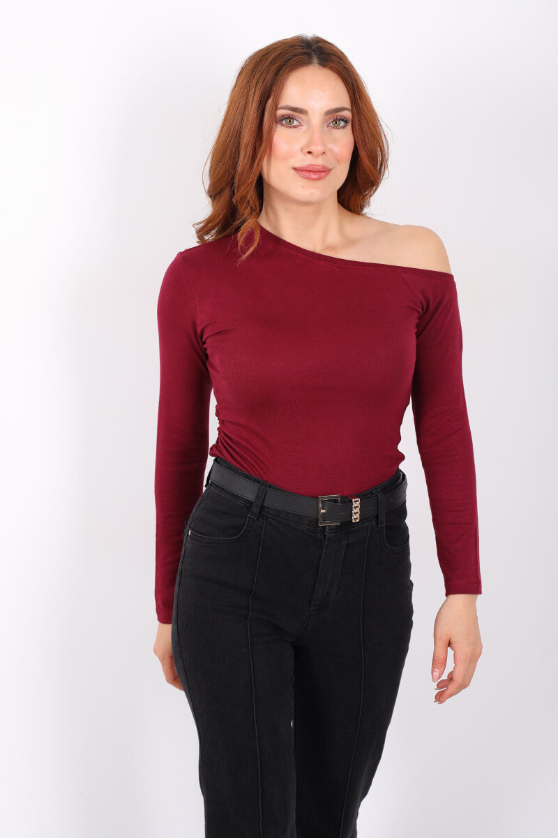 Düşük Omuz Drapeli Bordo Kadın Bluz - 5
