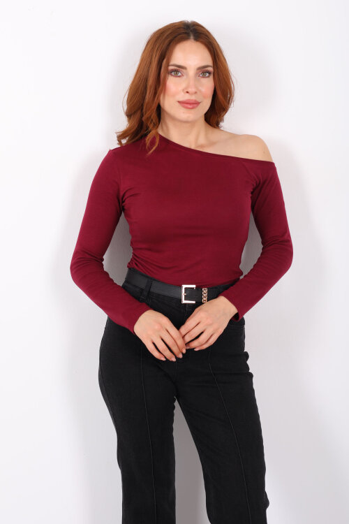 Düşük Omuz Drapeli Bordo Kadın Bluz - Berox