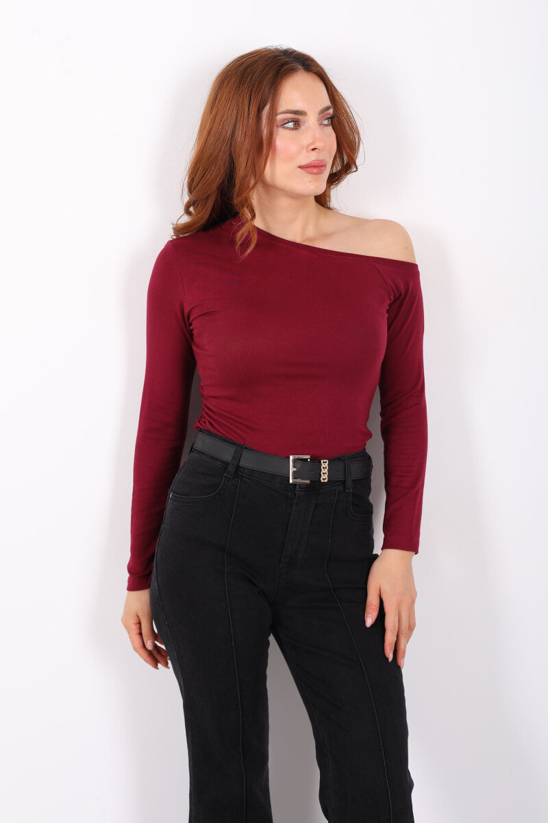 Düşük Omuz Drapeli Bordo Kadın Bluz - 3