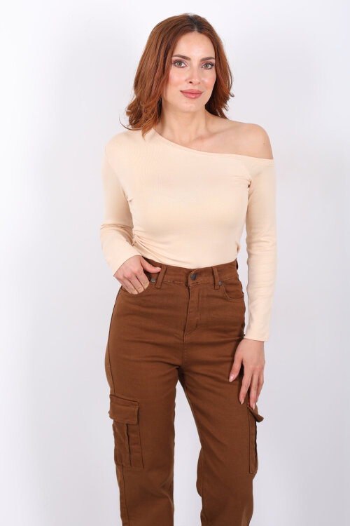 Düşük Omuz Drapeli Krem Kadın Bluz - 3