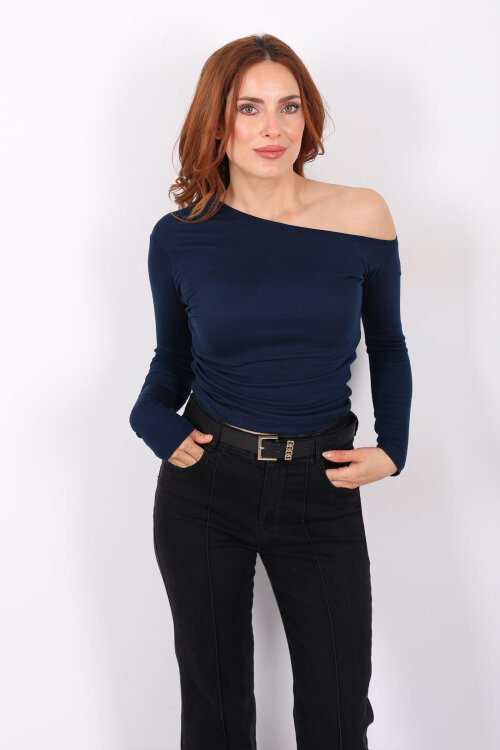 Düşük Omuz Drapeli Lacivert Kadın Bluz - Berox