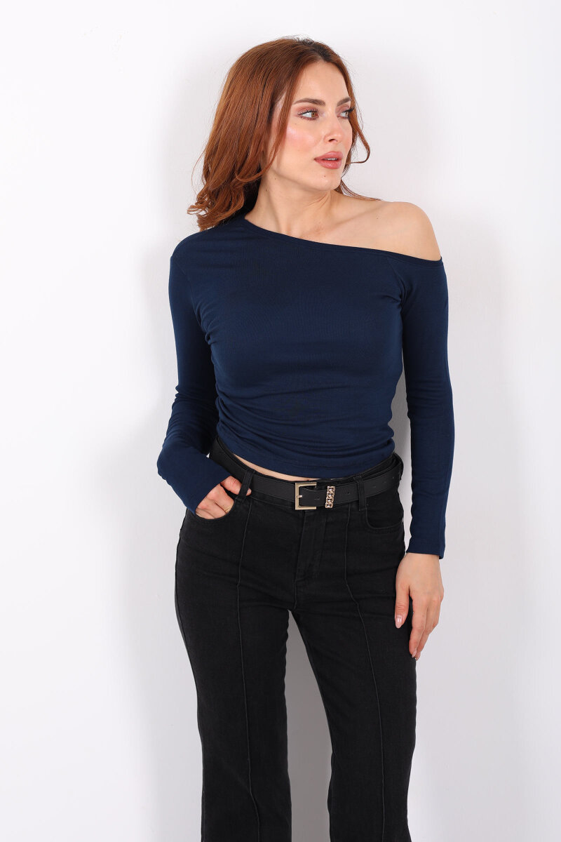 Düşük Omuz Drapeli Lacivert Kadın Bluz - 5