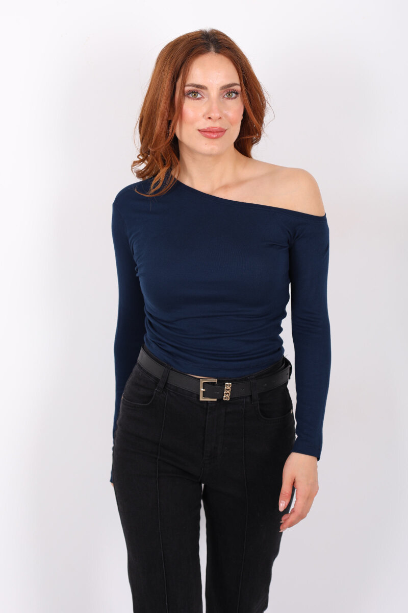 Düşük Omuz Drapeli Lacivert Kadın Bluz - 3