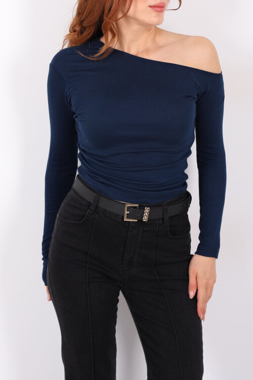 Düşük Omuz Drapeli Lacivert Kadın Bluz - Berox (1)