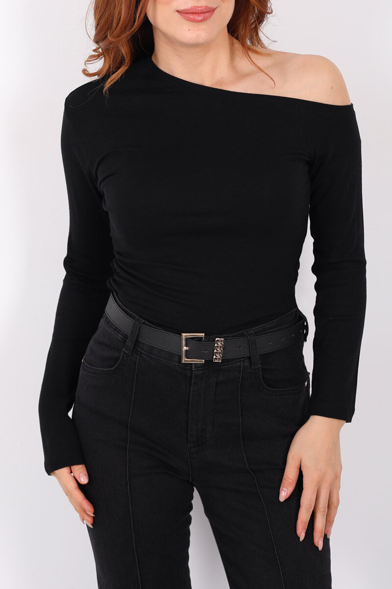 Düşük Omuz Drapeli Siyah Kadın Bluz - 2