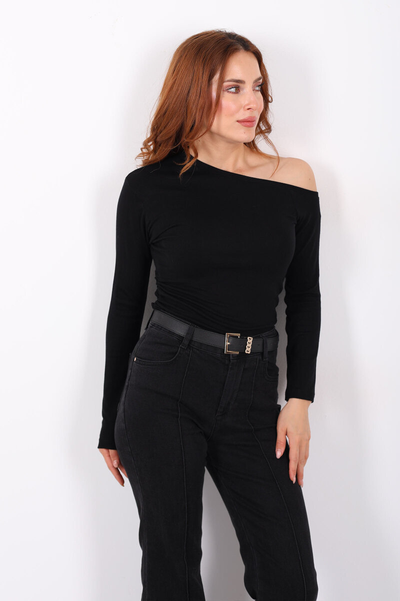 Düşük Omuz Drapeli Siyah Kadın Bluz - 5