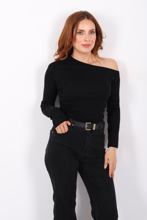 Düşük Omuz Drapeli Siyah Kadın Bluz - Berox