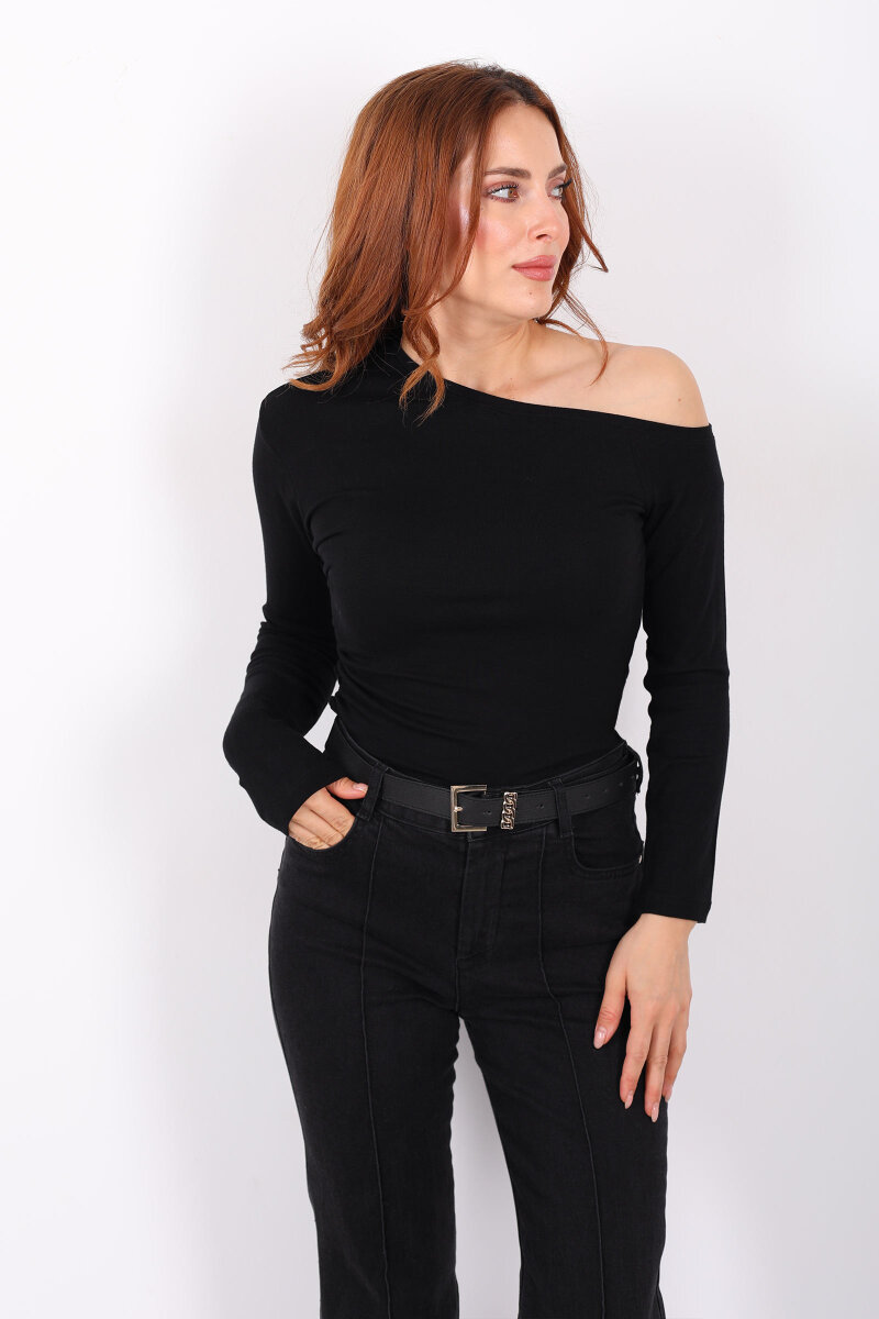 Düşük Omuz Drapeli Siyah Kadın Bluz - 3